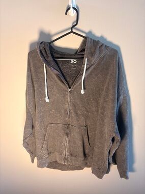 SO Washed Gray Full-Zip Hoodie with White Drawstrings